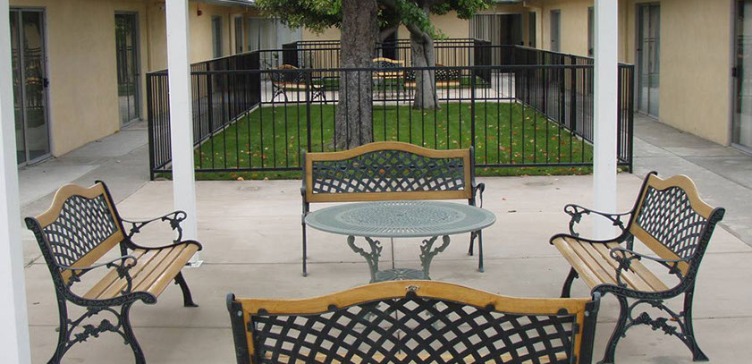Outdoor seating area with benches and lawn