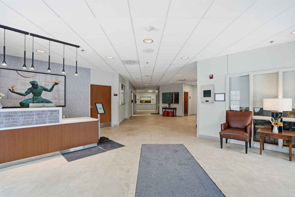 Interior view of a lobby area with seating