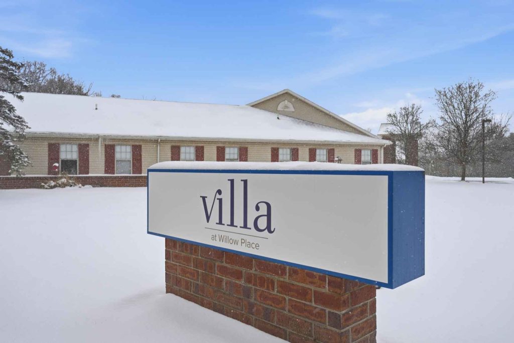 Exterior view of Villa at Willow Place in winter
