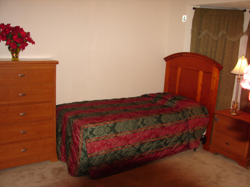 Well-furnished private room with a bed and dresser