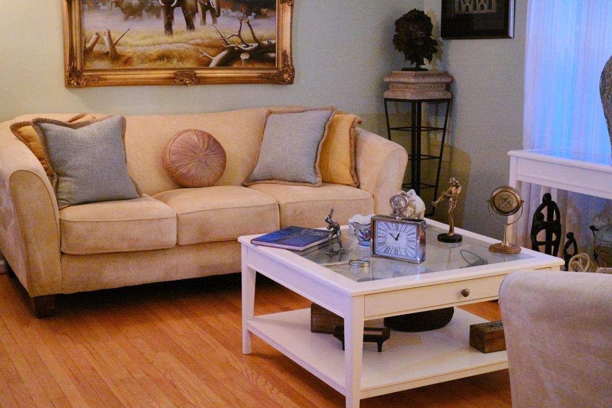 Comfortable living room area with a sofa and decor
