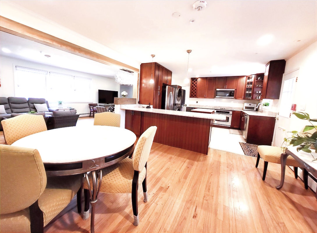 Bright interior of a kitchen and dining area