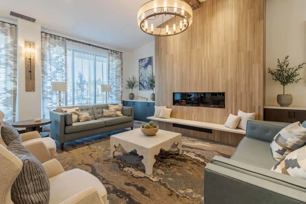 Stylish common area with seating and decor.