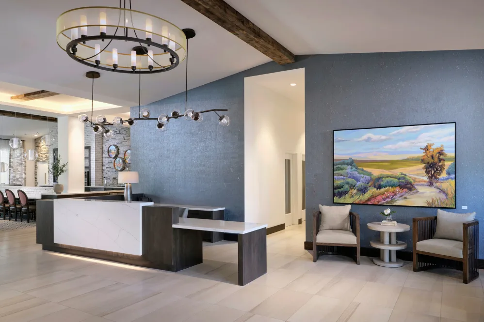 Modern lobby with seating area and artwork