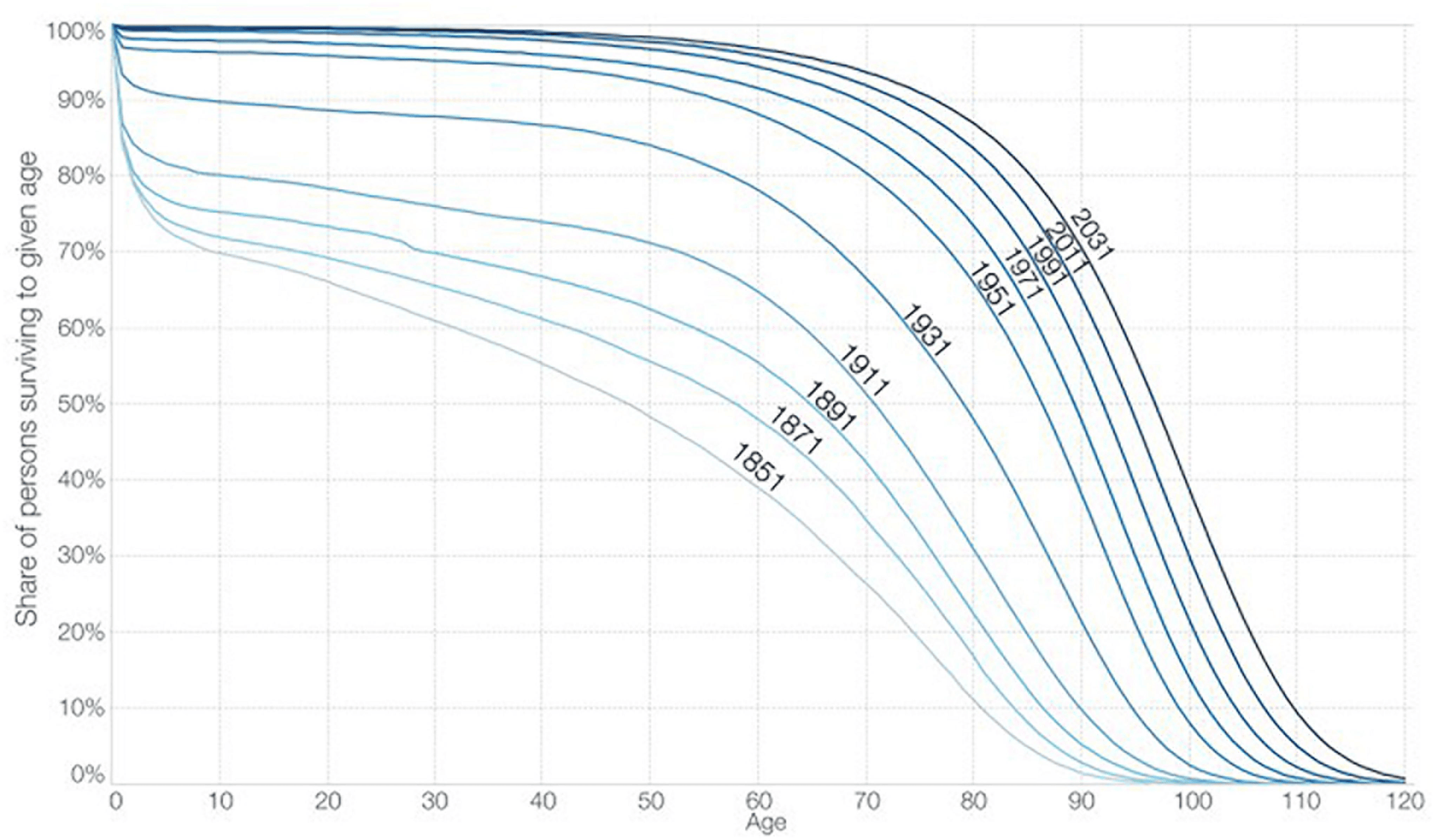 Survival curves for England and Wales birth cohorts, 1851&ndash;2031; later cohorts include projections.